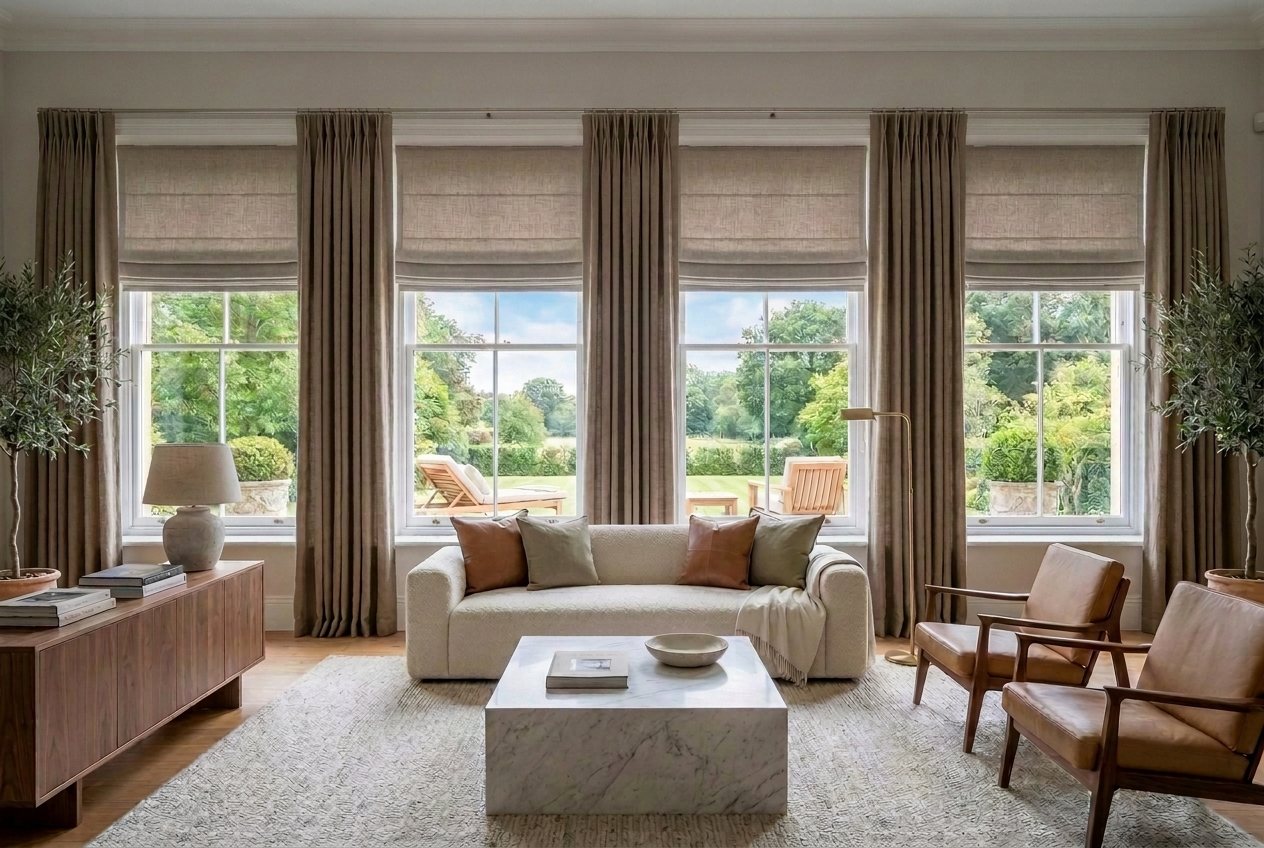Living room with LUMIA drapery and Roman shades installed
