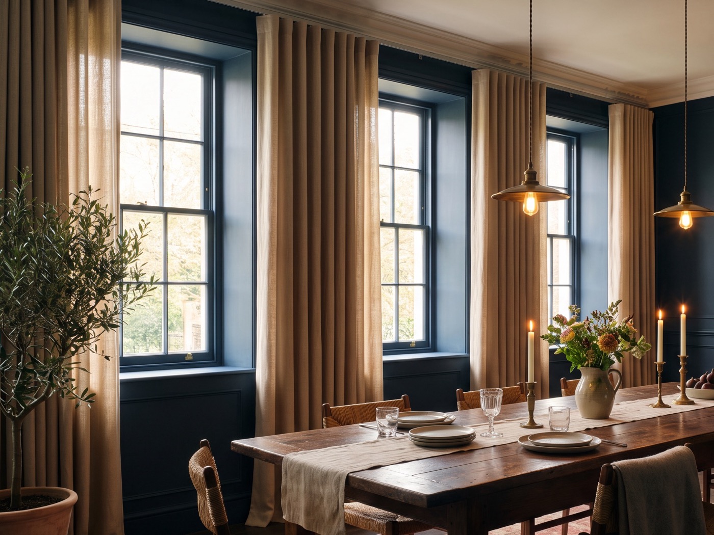 Wave-fold drapery in a dining room