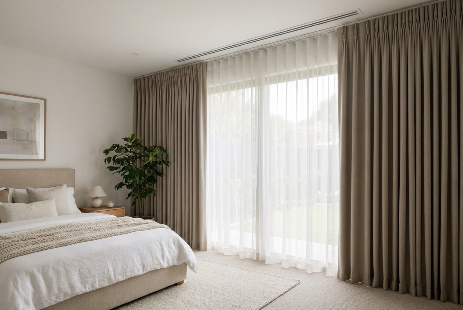 Pinch pleat drapery with sheer in a bedroom