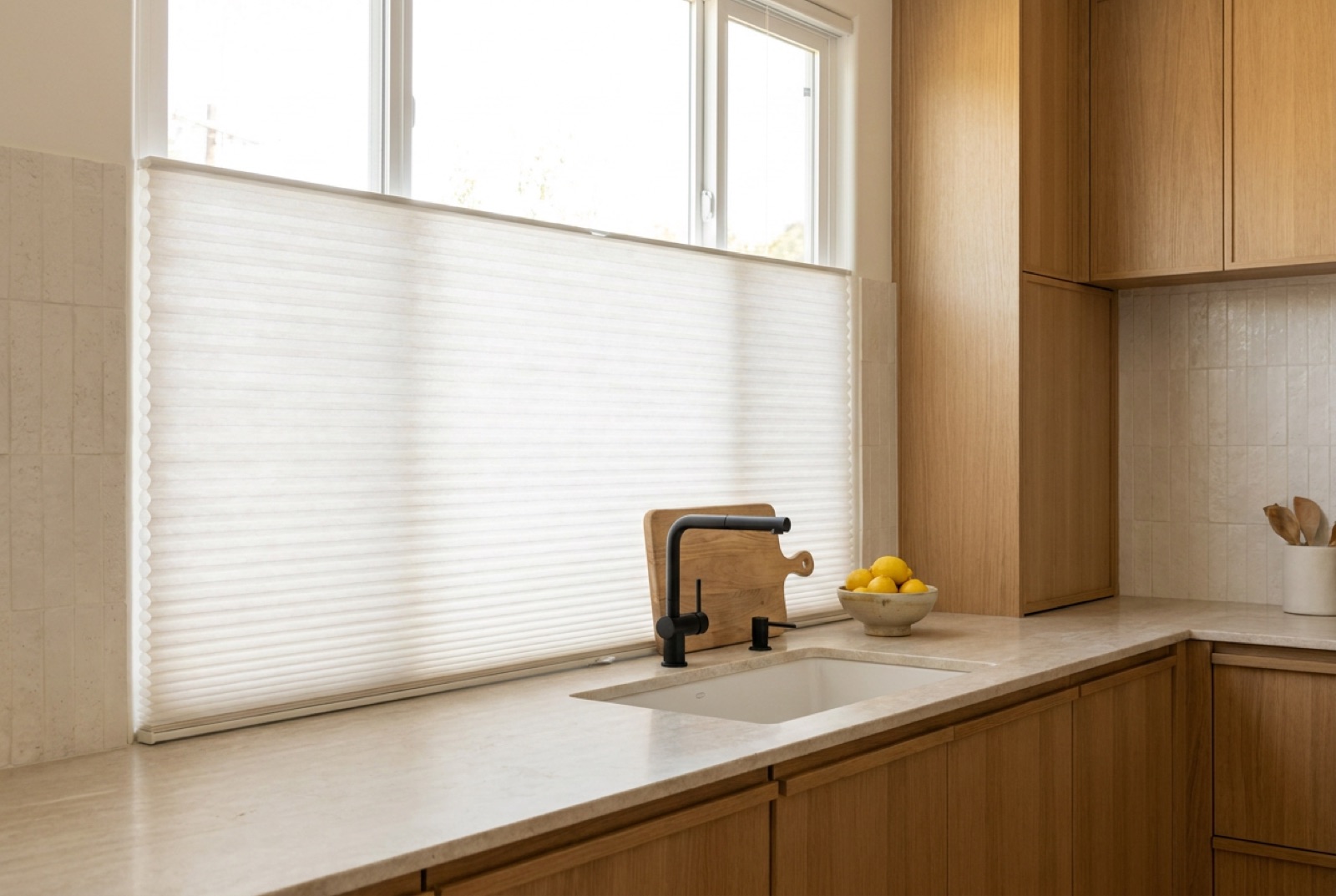 Top-down bottom-up cellular shade in a kitchen