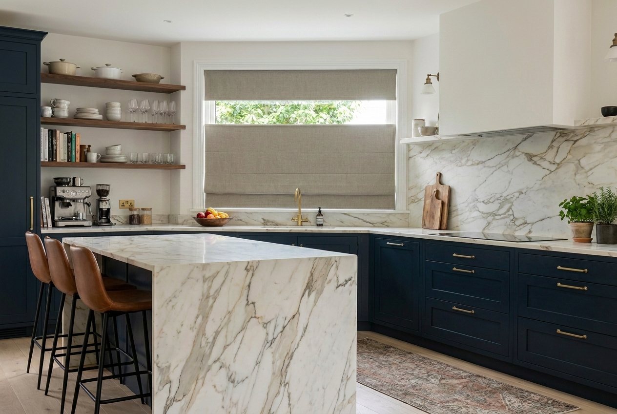 Top-down bottom-up Roman shade in a kitchen — top rail lowered for daylight, bottom covered for privacy